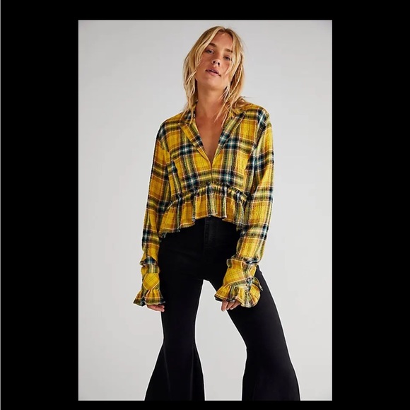 Free People We The free Women’s Yellow Plaid Cropped Top jacket Size XS - Picture 2 of 12